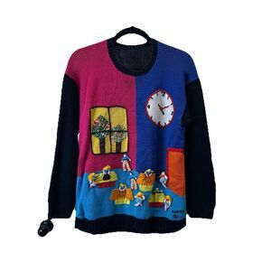 Vintage Raquel's Collection 3D Colorblock Back to School Theme Sweater Womens M